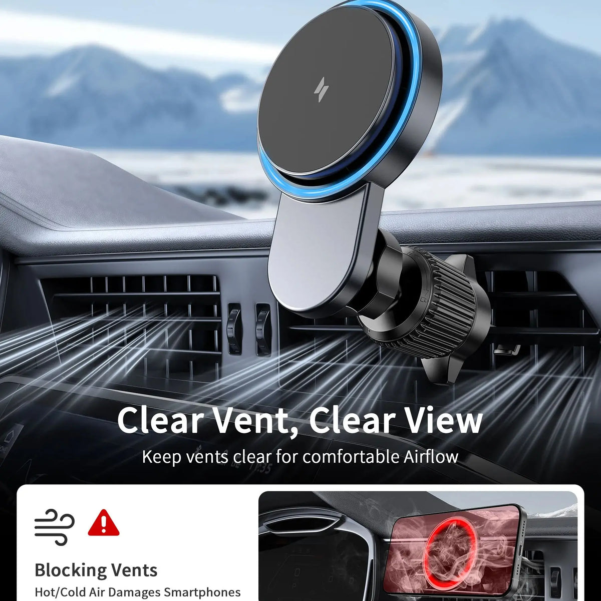 Magnetic Wireless Car Charger Holder with Cooling Fan,Fast Wireless Mag-Safe Charging Mount, Strong Steel Hook Vent Mount, Wirel