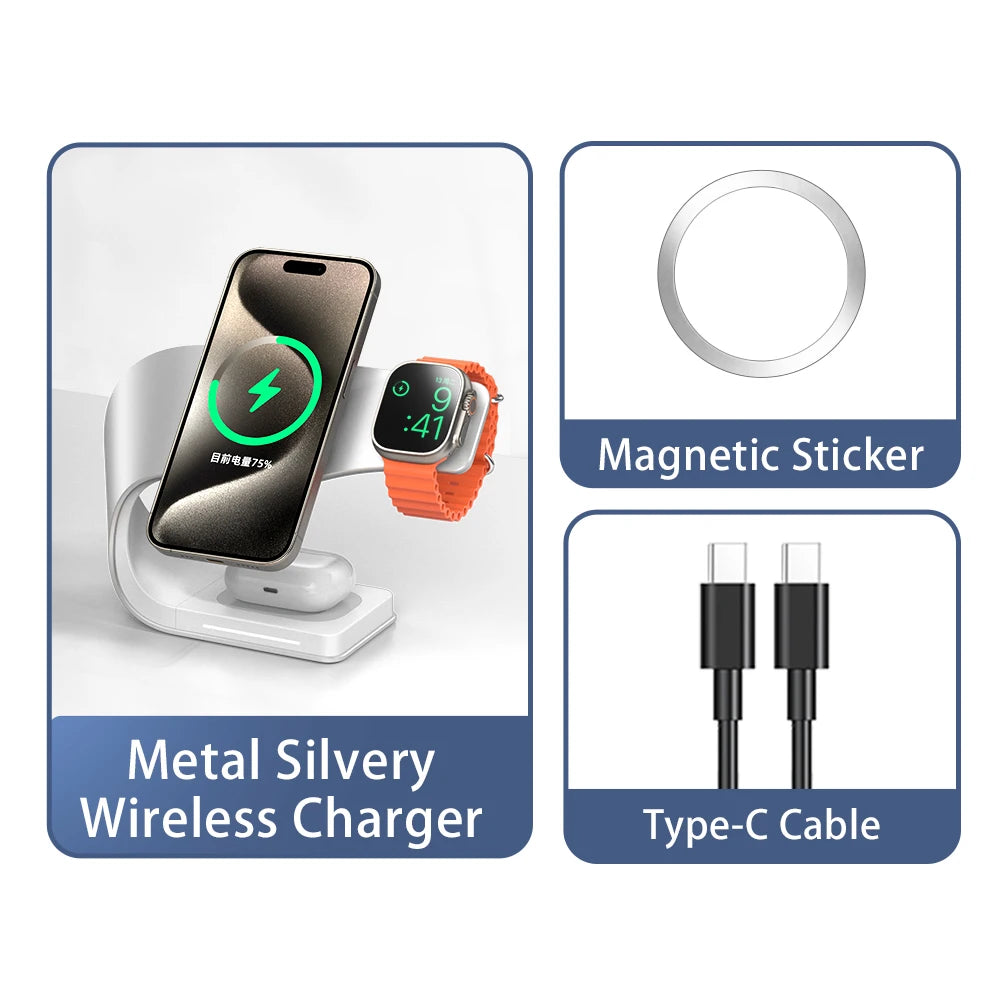 Wireless Charger Stand Metal Shell Magnetic 15W Fast Charging Station Stand for iPhone 12-17 Mobile Phones Airpods Watch 4 in 1