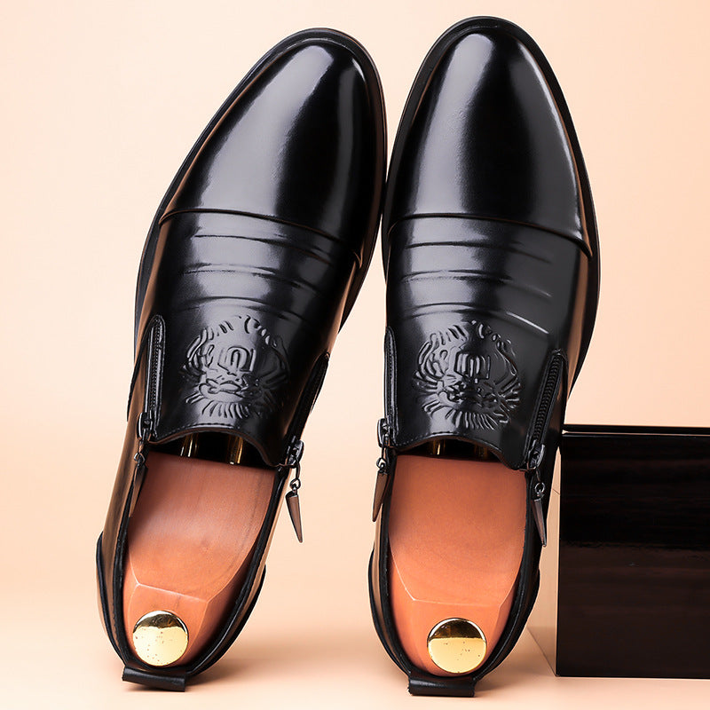 One-Pedal Zipper Pointed Soft-soled Leather Shoes Spring 2025 Men's Business Dress Low-high Men's Shoes Three-joint