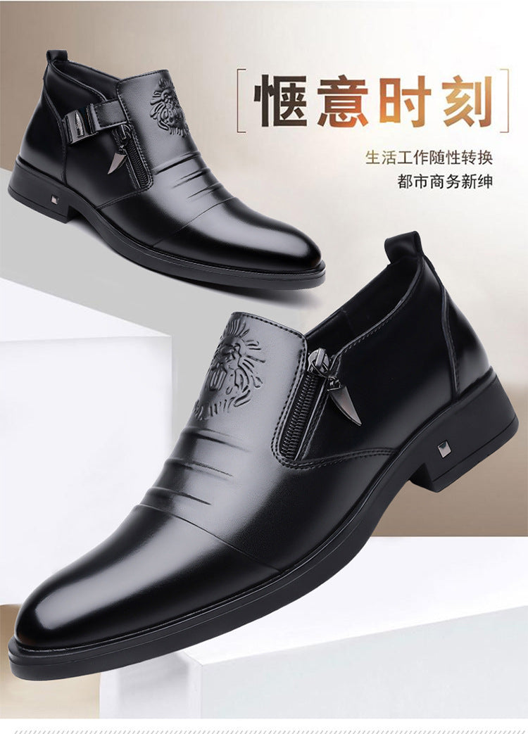 One-Pedal Zipper Pointed Soft-soled Leather Shoes Spring 2025 Men's Business Dress Low-high Men's Shoes Three-joint