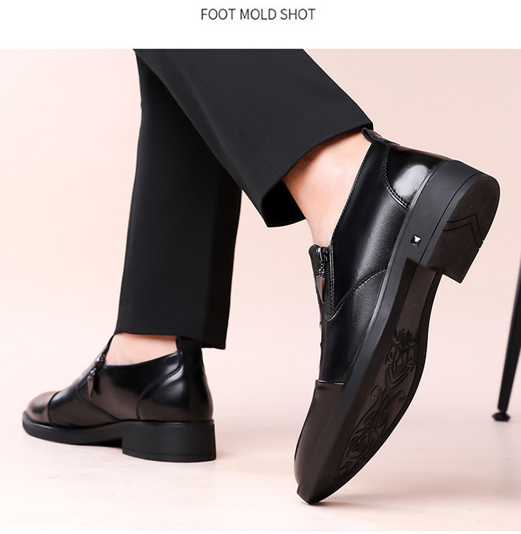 One-Pedal Zipper Pointed Soft-soled Leather Shoes Spring 2025 Men's Business Dress Low-high Men's Shoes Three-joint