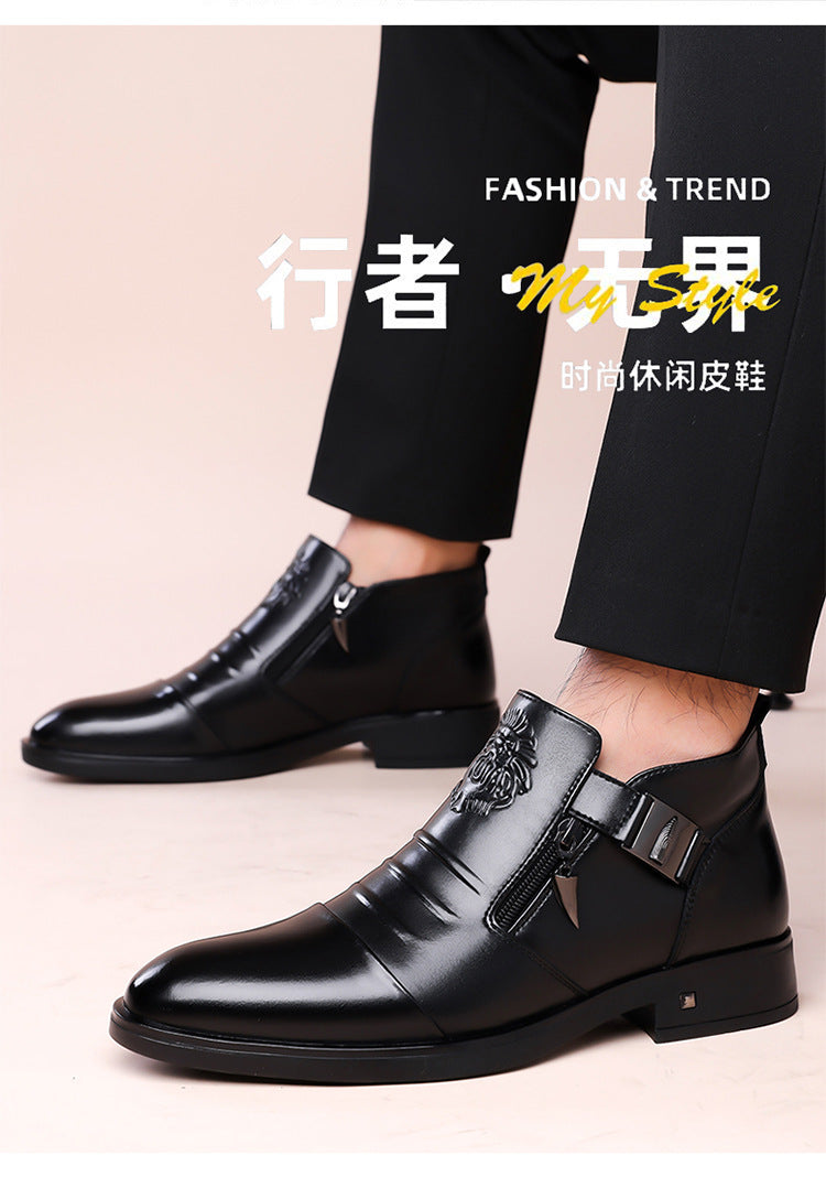 One-Pedal Zipper Pointed Soft-soled Leather Shoes Spring 2025 Men's Business Dress Low-high Men's Shoes Three-joint