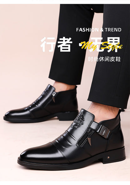 One-Pedal Zipper Pointed Soft-soled Leather Shoes Spring 2025 Men's Business Dress Low-high Men's Shoes Three-joint