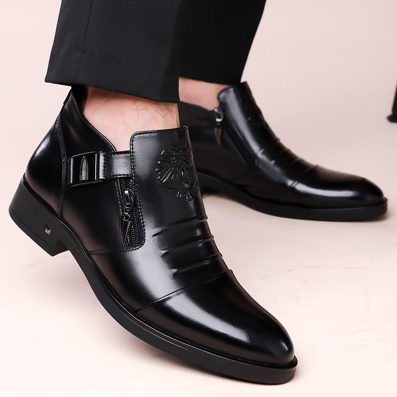 One-Pedal Zipper Pointed Soft-soled Leather Shoes Spring 2025 Men's Business Dress Low-high Men's Shoes Three-joint