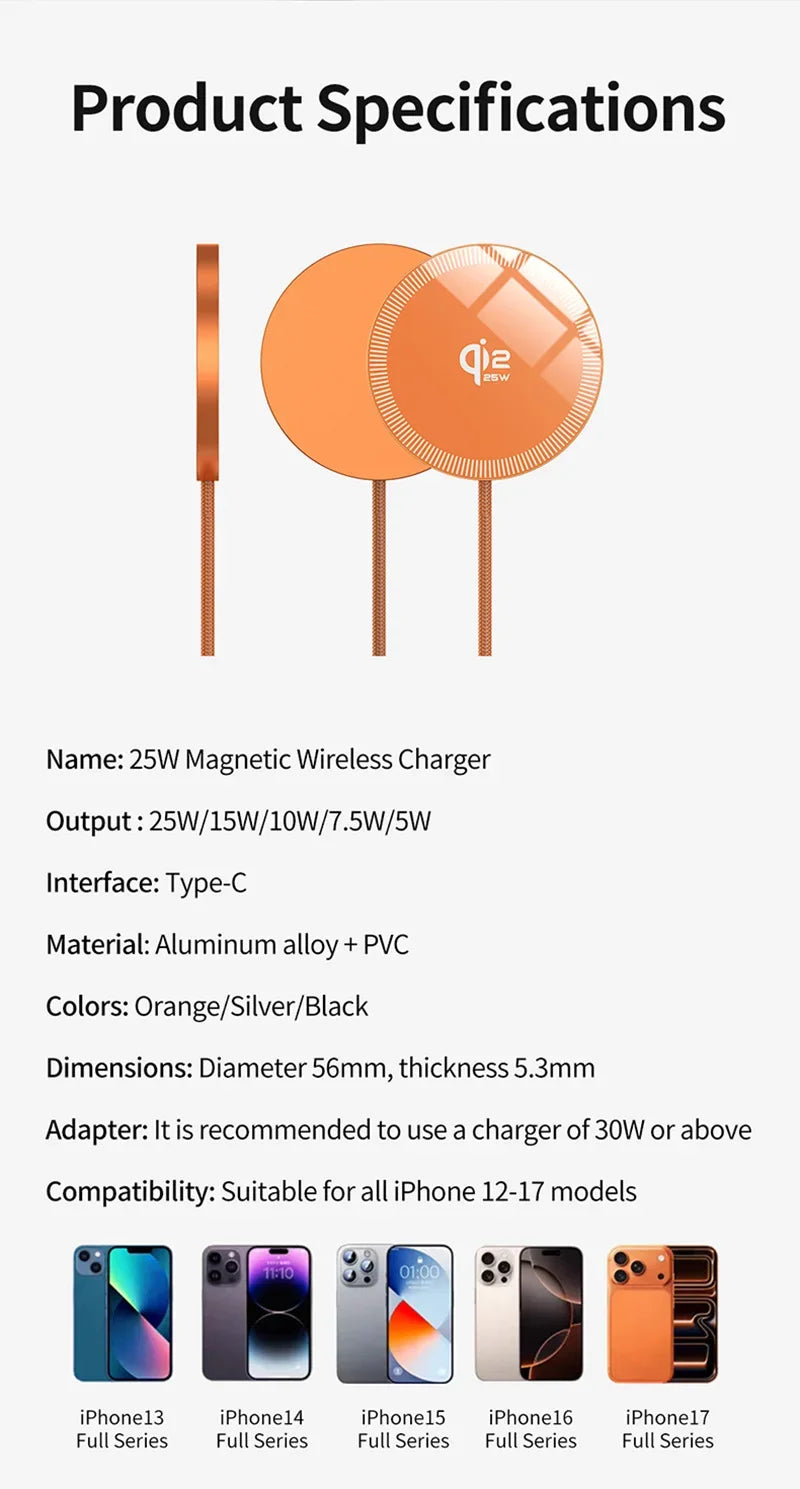 New Magnetic Wireless Charger 25w Ultra-thin Design Qi2 Certified Low-temperature Fast Charging Suitable For iPhone 15/14/13/12