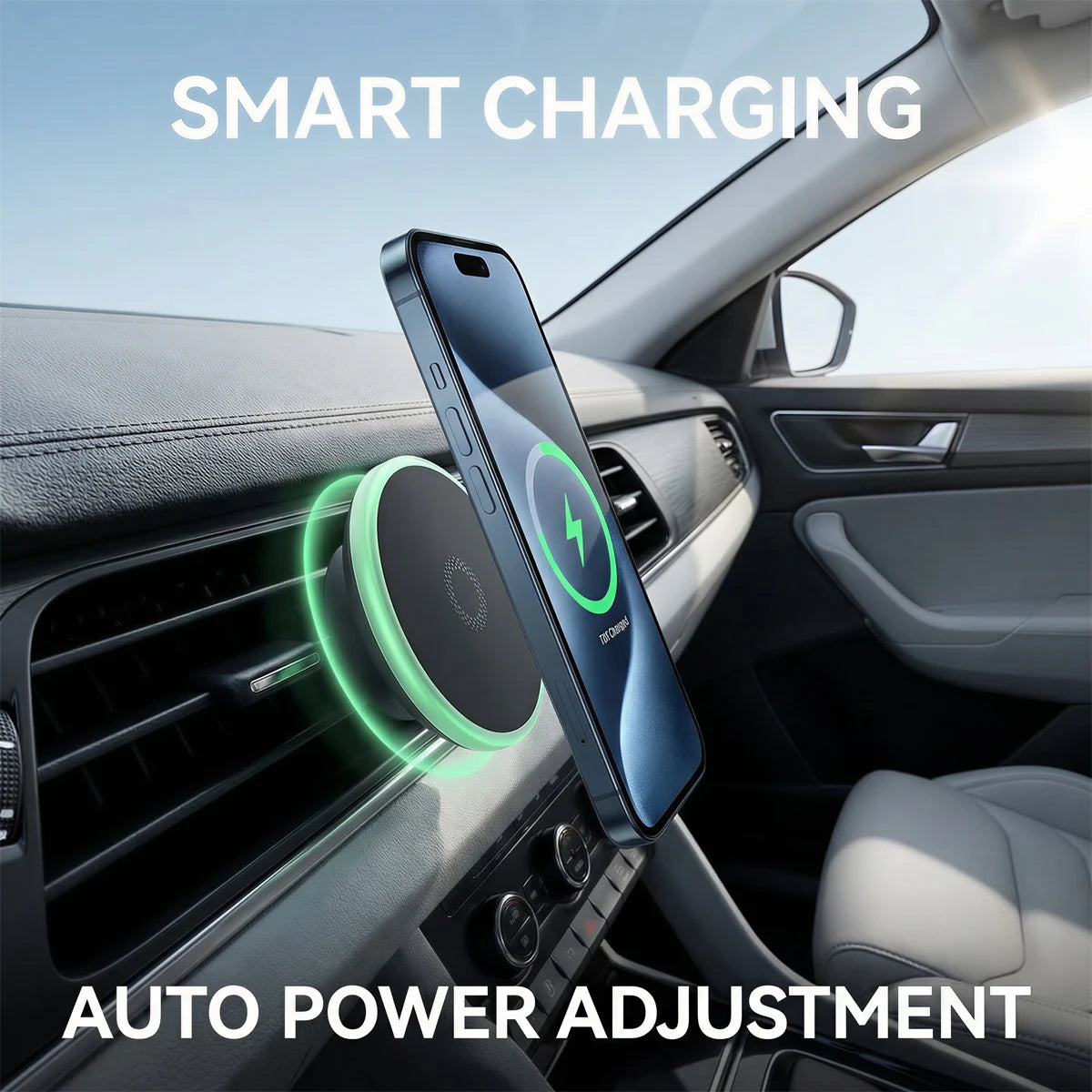 Powerful Magnetic Car Wireless Charger Mount, 15W Fast Charging, N52 Magnets, 360° Rotation, Ring Light, for iPhone & Android