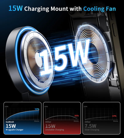 Magnetic Wireless Car Charger Holder with Cooling Fan,Fast Wireless Mag-Safe Charging Mount, Strong Steel Hook Vent Mount, Wirel