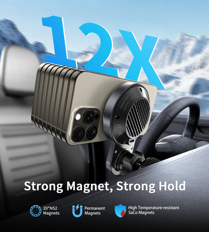 Magnetic Wireless Car Charger Holder with Cooling Fan,Fast Wireless Mag-Safe Charging Mount, Strong Steel Hook Vent Mount, Wirel