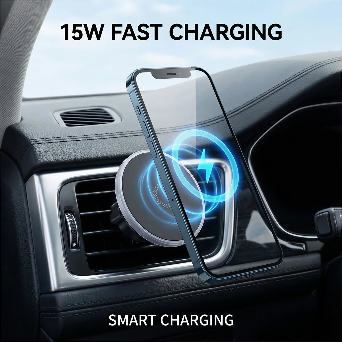 Powerful Magnetic Car Wireless Charger Mount, 15W Fast Charging, N52 Magnets, 360° Rotation, Ring Light, for iPhone & Android