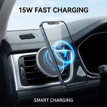 Powerful Magnetic Car Wireless Charger Mount, 15W Fast Charging, N52 Magnets, 360° Rotation, Ring Light, for iPhone & Android