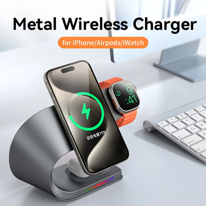 Wireless Charger Stand Metal Shell Magnetic 15W Fast Charging Station Stand for iPhone 12-17 Mobile Phones  Airpods Watch 4 in 1