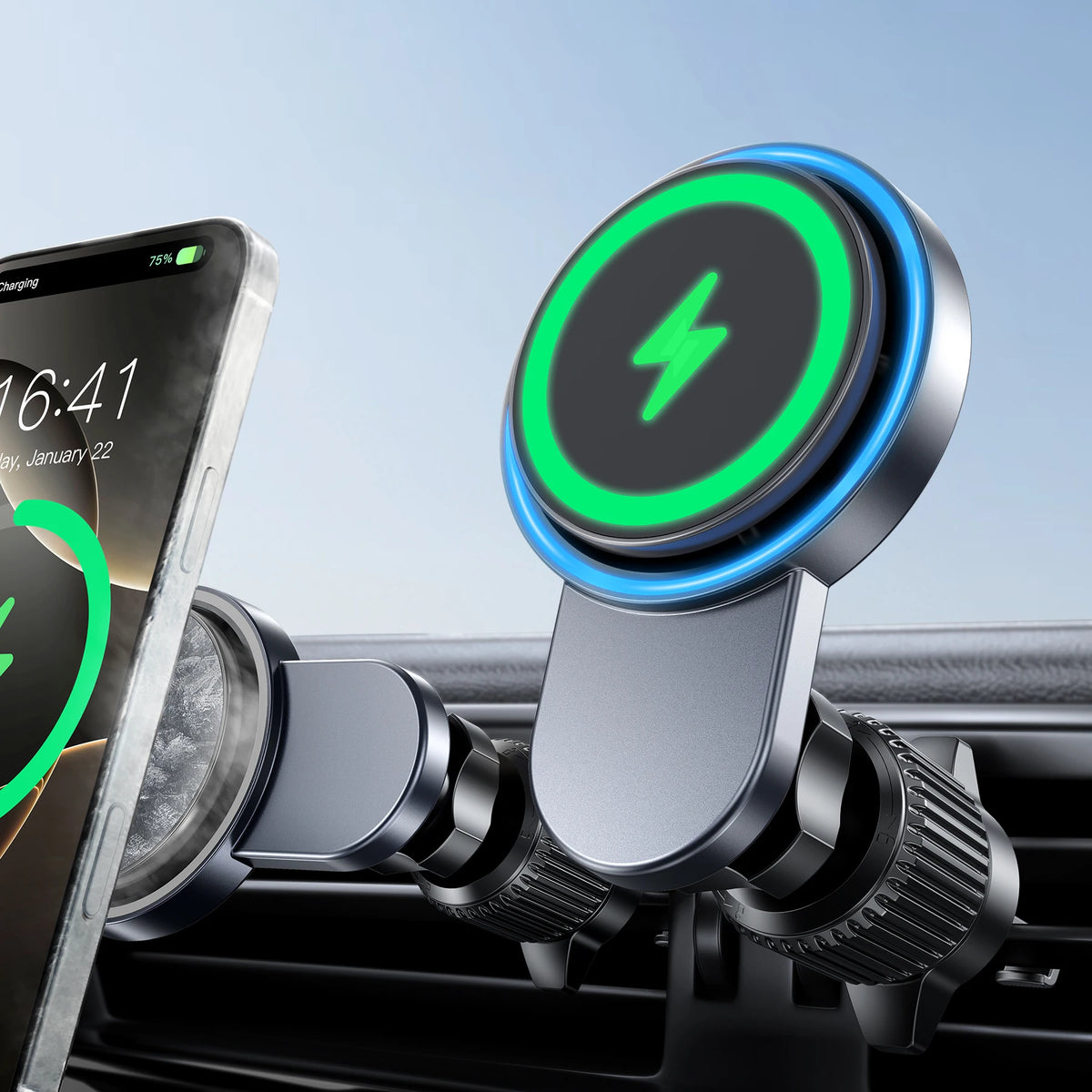 Magnetic Wireless Car Charger Holder with Cooling Fan,Fast Wireless Mag-Safe Charging Mount, Strong Steel Hook Vent Mount, Wirel