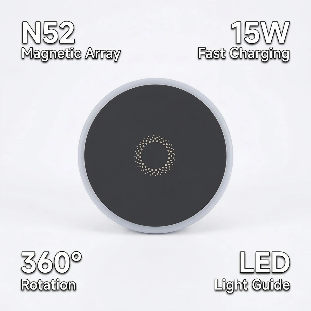 Powerful Magnetic Car Wireless Charger Mount, 15W Fast Charging, N52 Magnets, 360° Rotation, Ring Light, for iPhone & Android