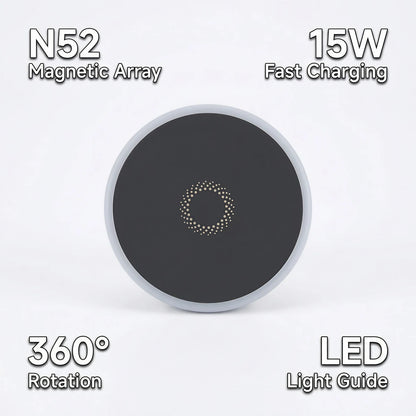 Powerful Magnetic Car Wireless Charger Mount, 15W Fast Charging, N52 Magnets, 360° Rotation, Ring Light, for iPhone & Android