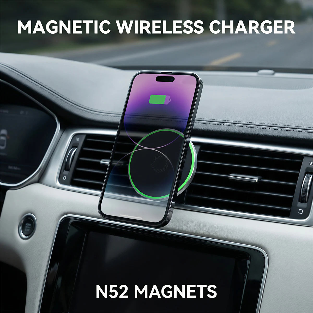 Powerful Magnetic Car Wireless Charger Mount, 15W Fast Charging, N52 Magnets, 360° Rotation, Ring Light, for iPhone & Android